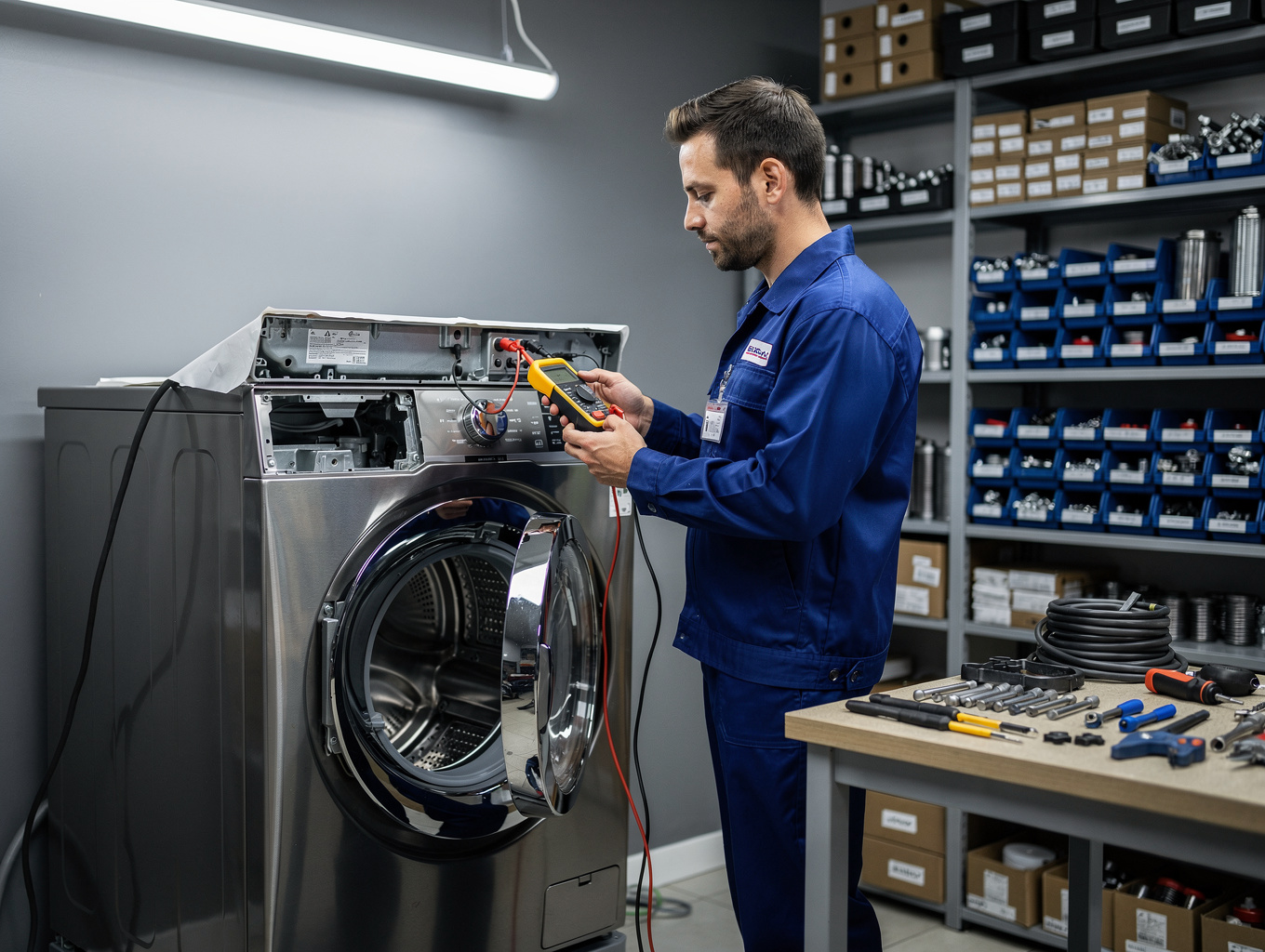 Certified appliance technician performing digital multimeter diagnostic test on kitchen appliance control board