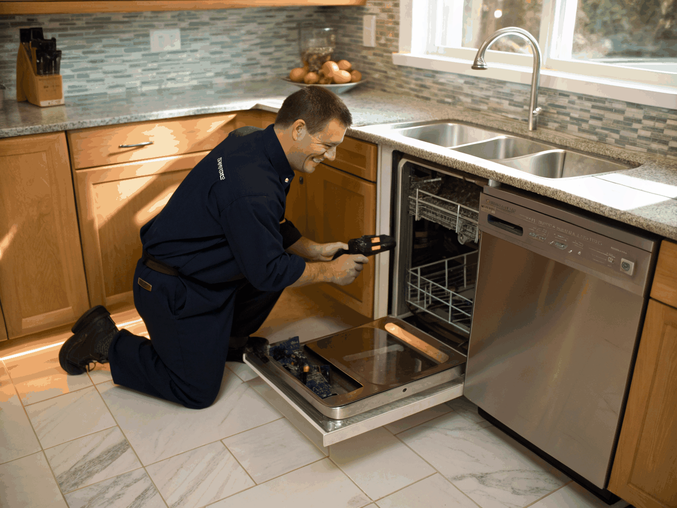 Certified appliance technician servicing a Bosch kitchen appliance in Johns Creek GA