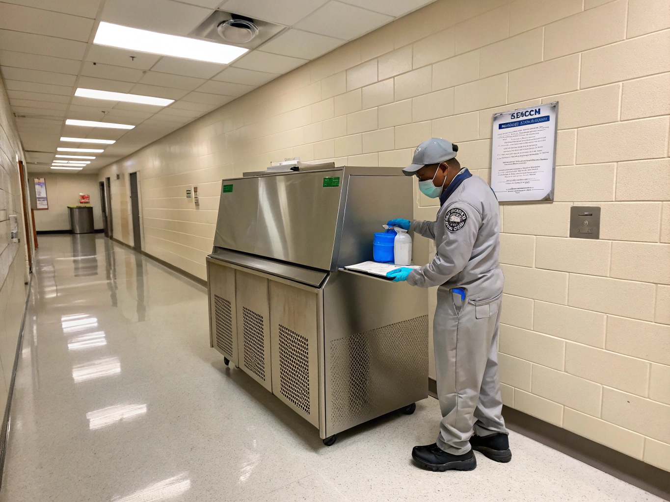 Technician performing harvest cycle diagnostics on commercial ice machine in Johns Creek