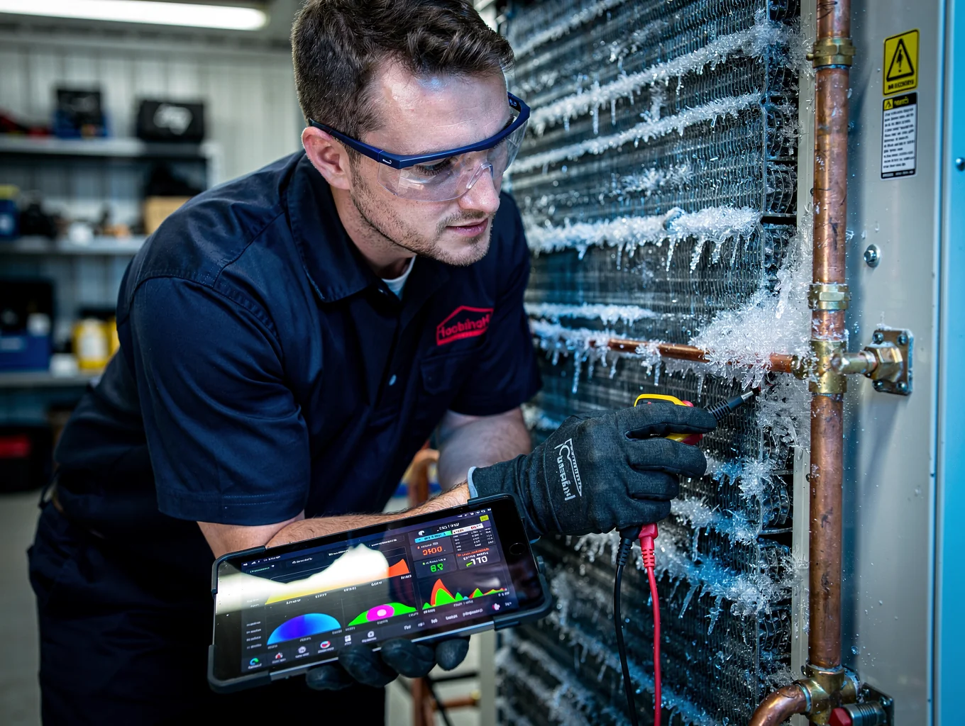 Commercial ice machine repair technician diagnosing refrigeration unit in commercial kitchen
