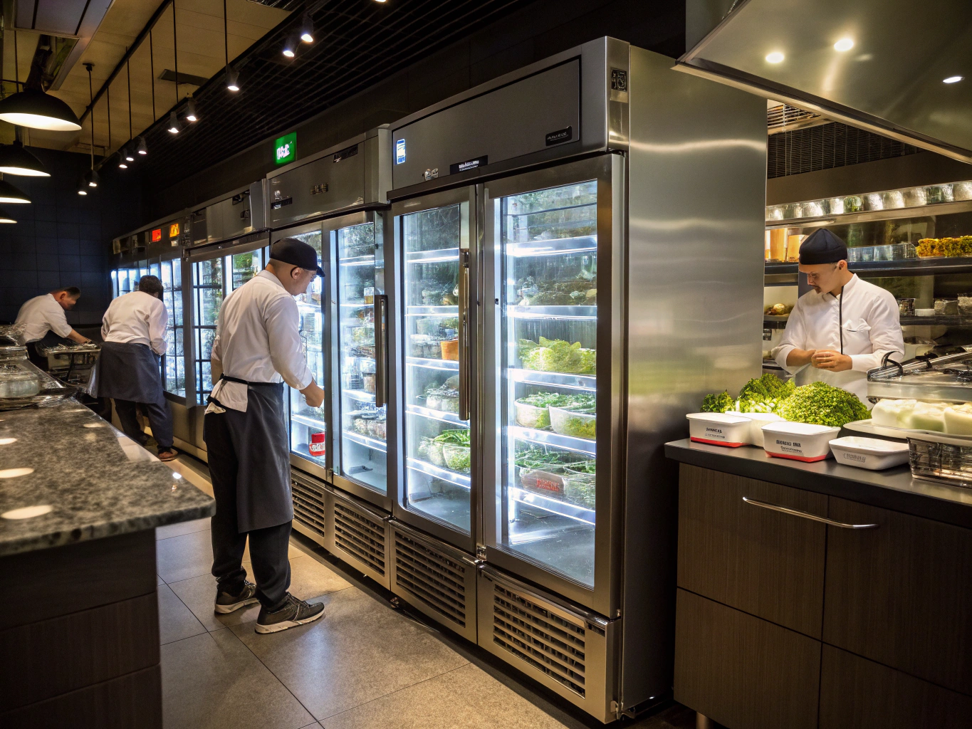Double sided pass-through commercial refrigerator for kitchen prep