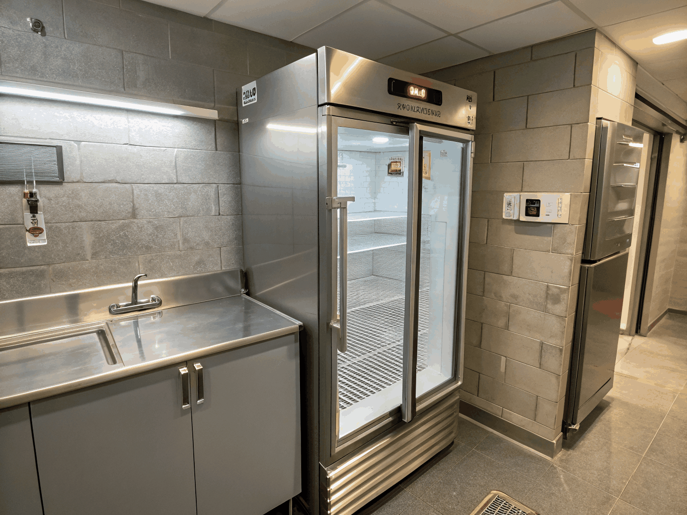 Stainless steel commercial reach-in refrigerator in commercial kitchen
