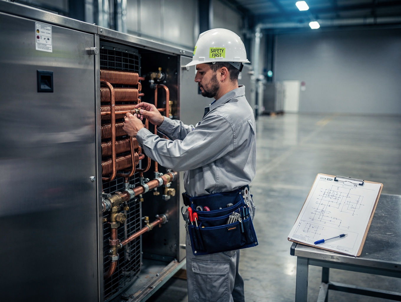 Master technician testing commercial upright freezer evaporator and defrost system