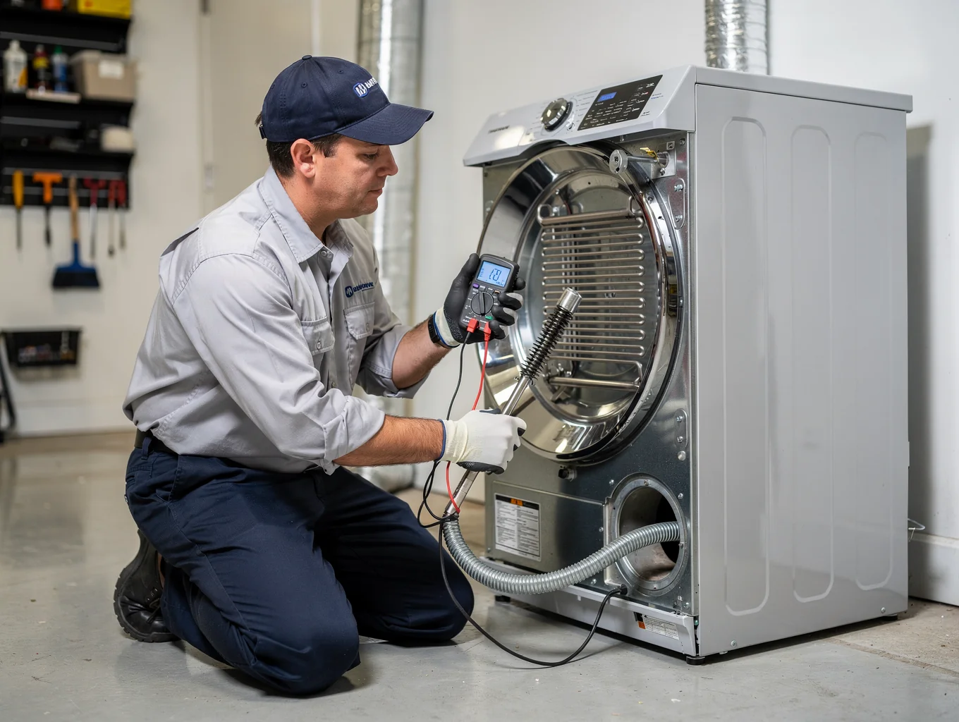 Appliance repair technician testing dryer heating element in Johns Creek GA