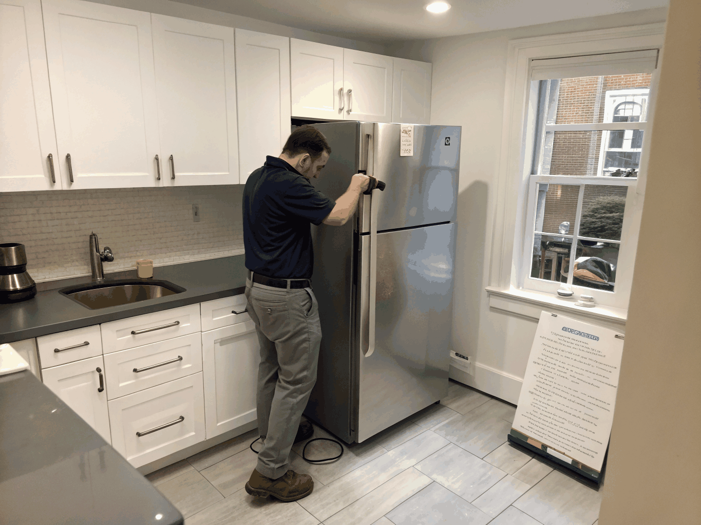 Technician repairing a Frigidaire stainless steel refrigerator