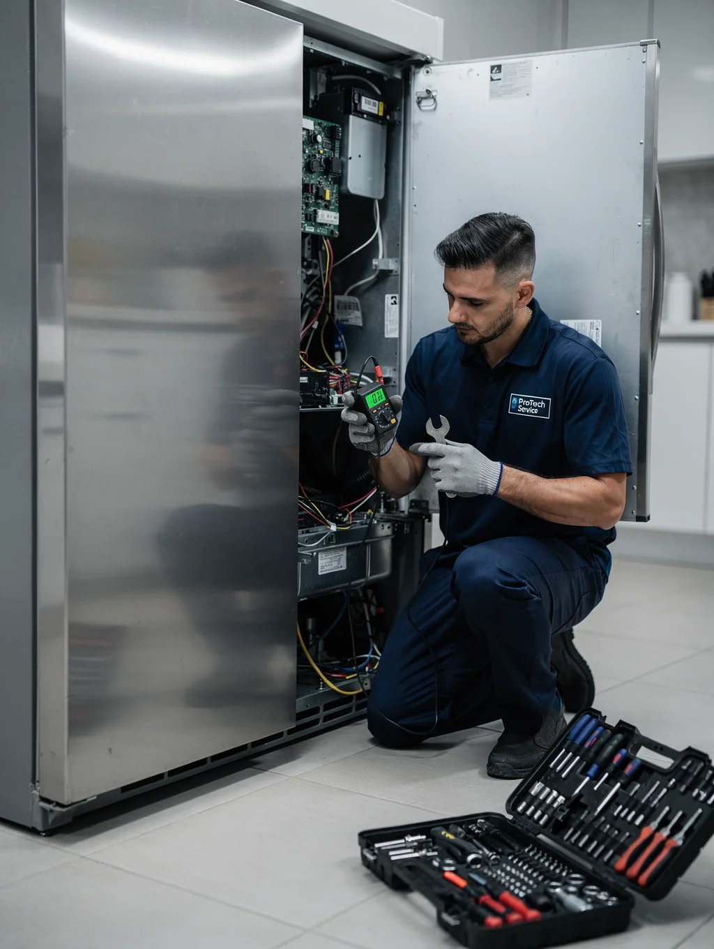 Certified technician servicing a modern GE refrigerator and kitchen range in Johns Creek GA