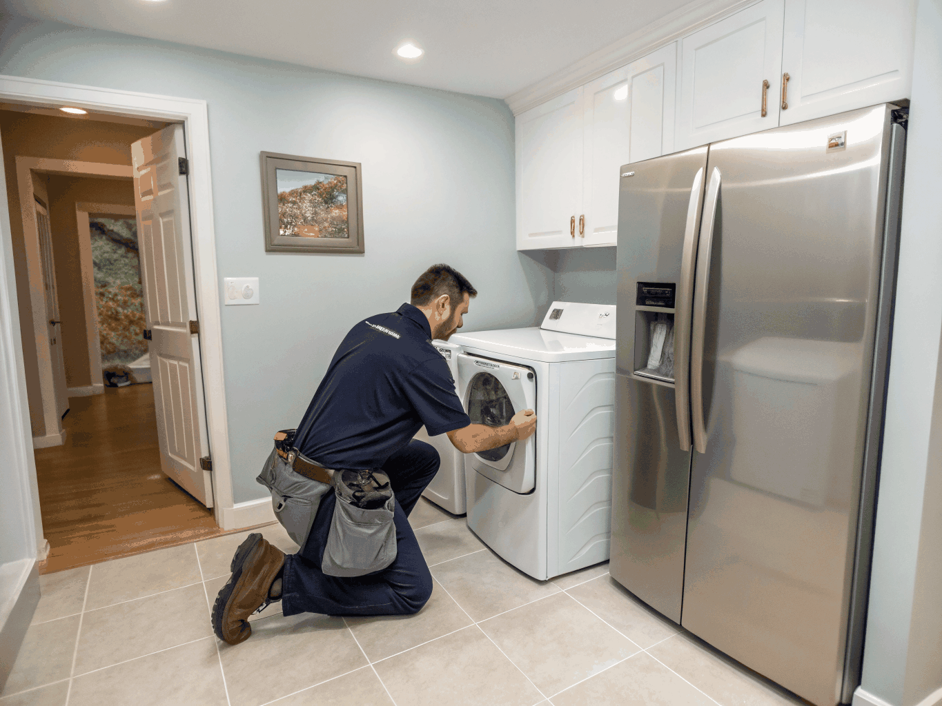 Appliance technician servicing a Kenmore refrigerator and laundry unit in a modern residential kitchen
