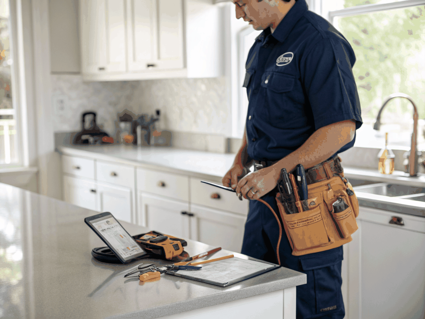 Professional appliance repair technician servicing a luxury KitchenAid kitchen appliance in Johns Creek GA