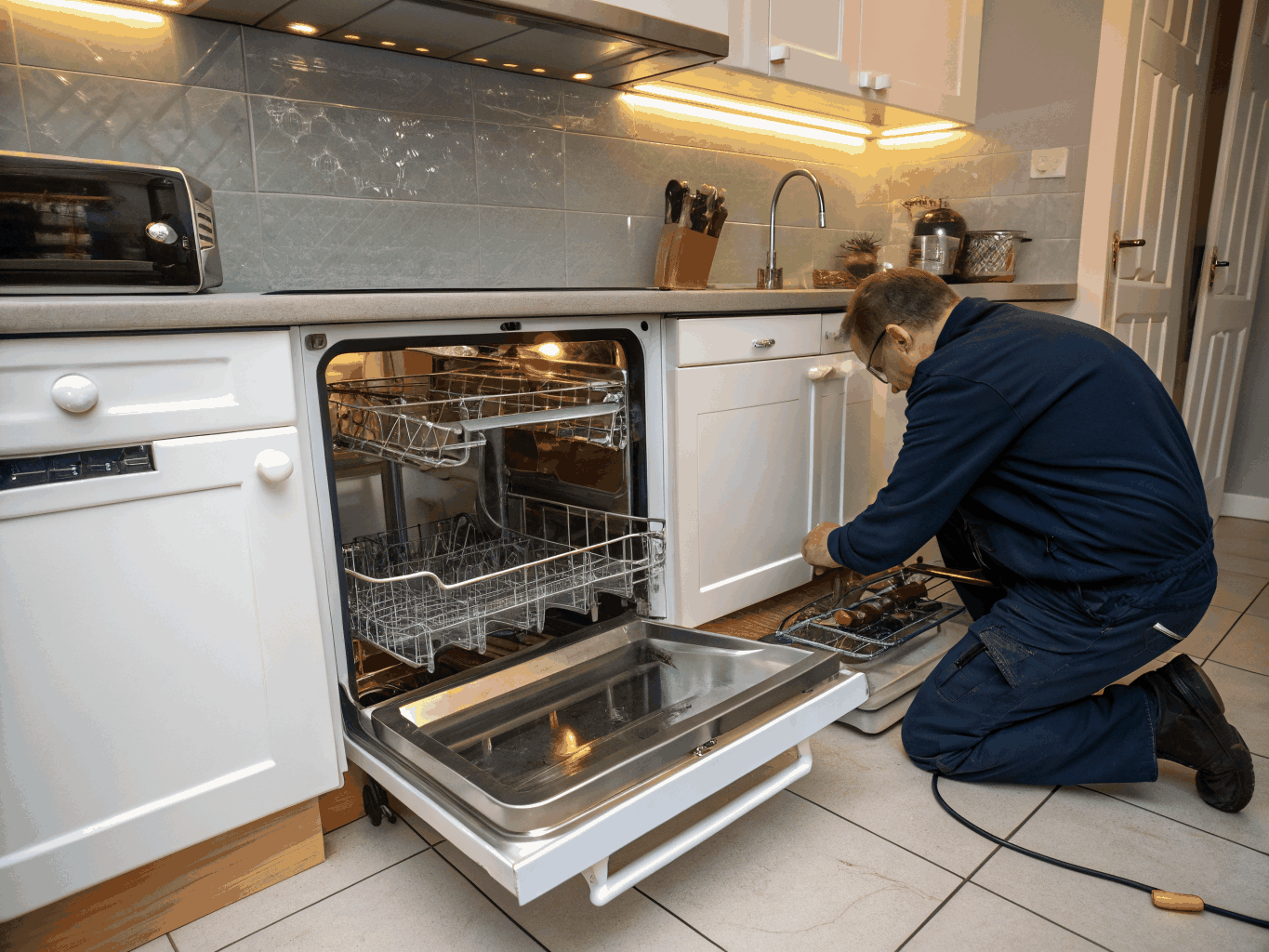 Maytag stainless steel dishwasher being repaired
