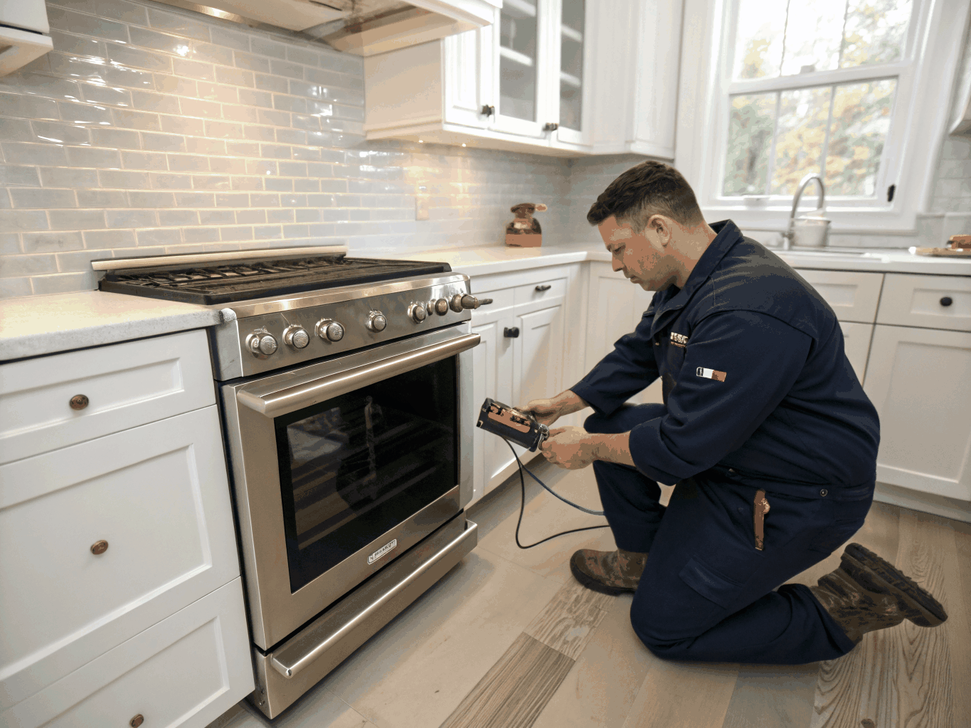 Technician replacing bake element in Maytag built-in oven