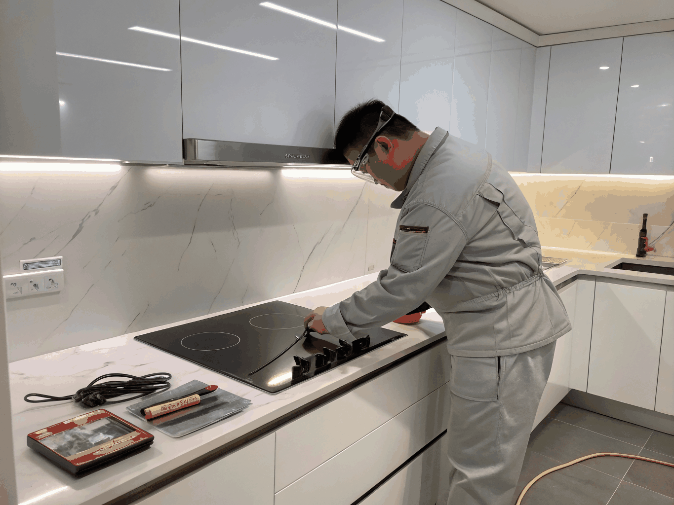 Modern Maytag freestanding gas range being calibrated