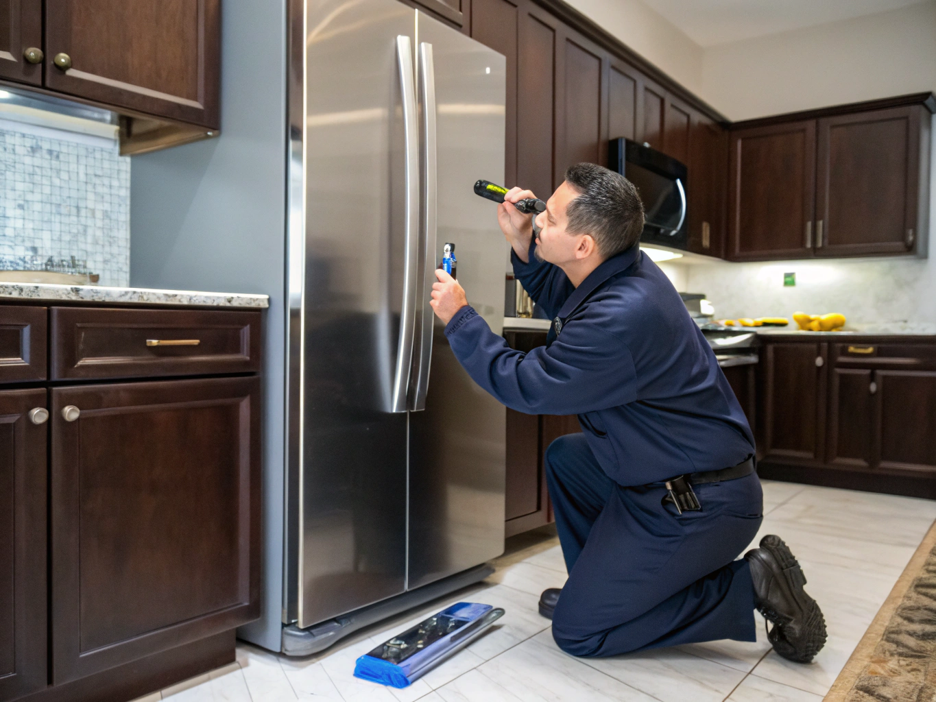 Technician inspecting a Maytag French door refrigerator