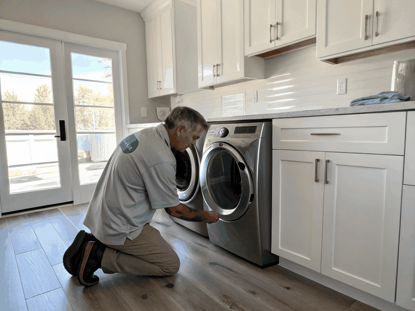 Service technician troubleshooting a Maytag front load washing machine