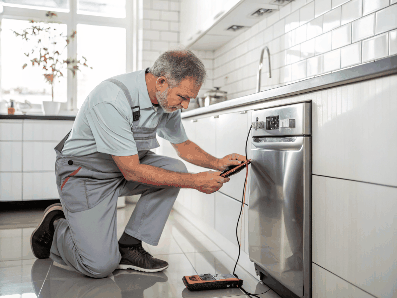 Appliance technician repairing a built-in microwave oven in a modern kitchen