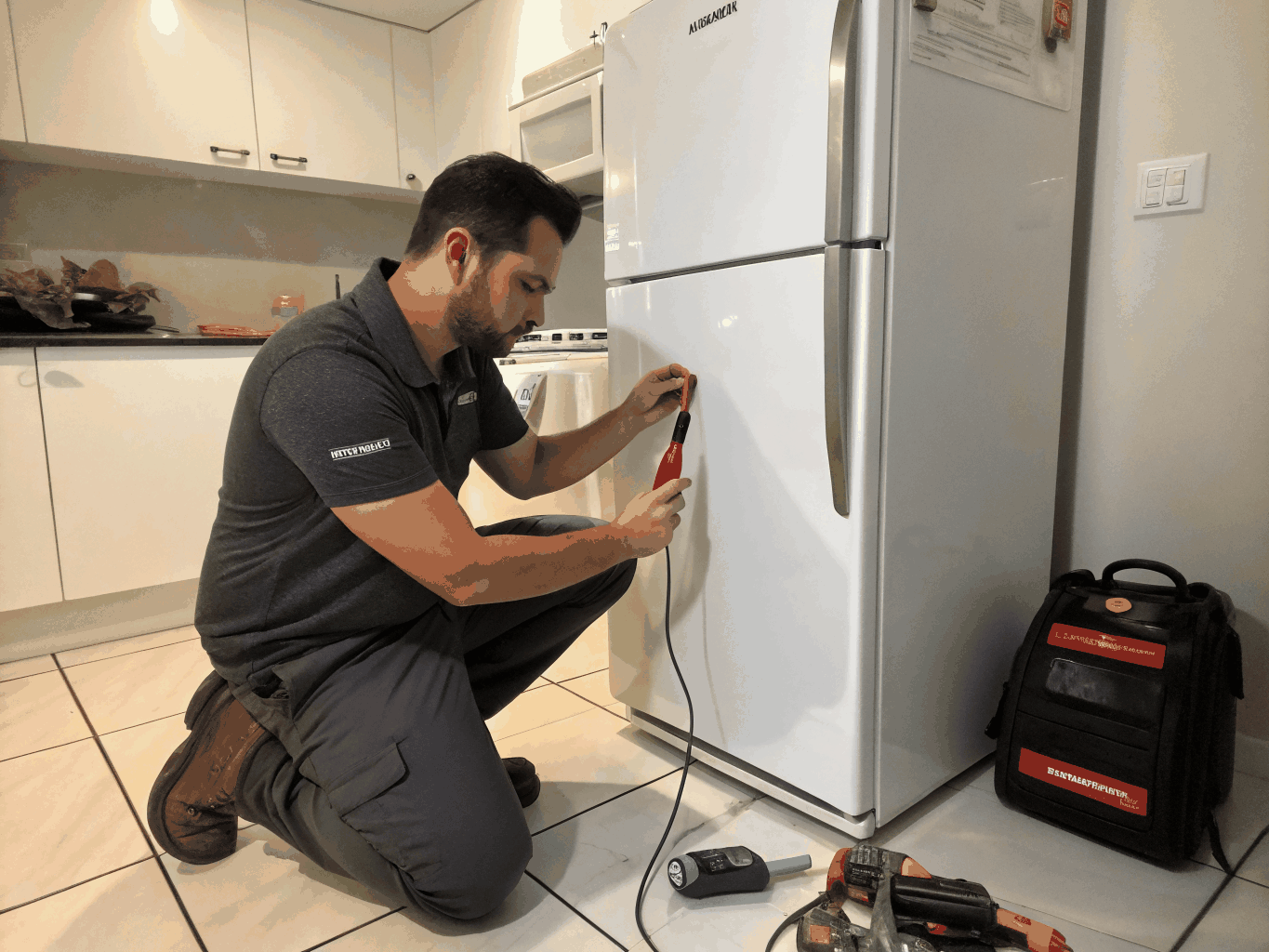 Technician repairing modern Samsung French door refrigerator in Johns Creek GA