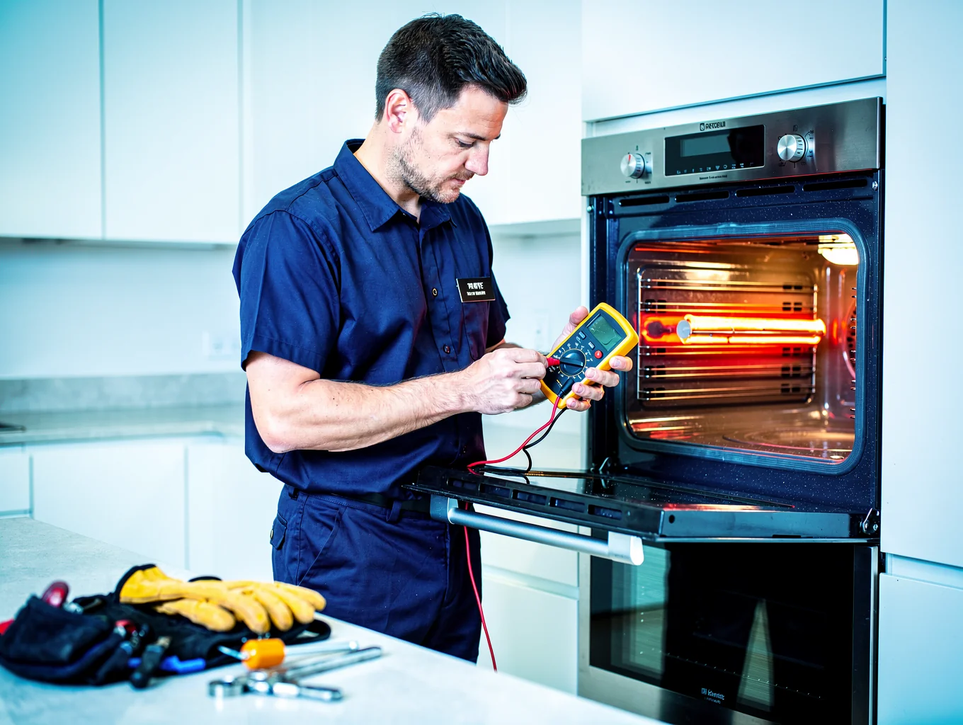 Technician testing stove burner heating element and electrical circuit