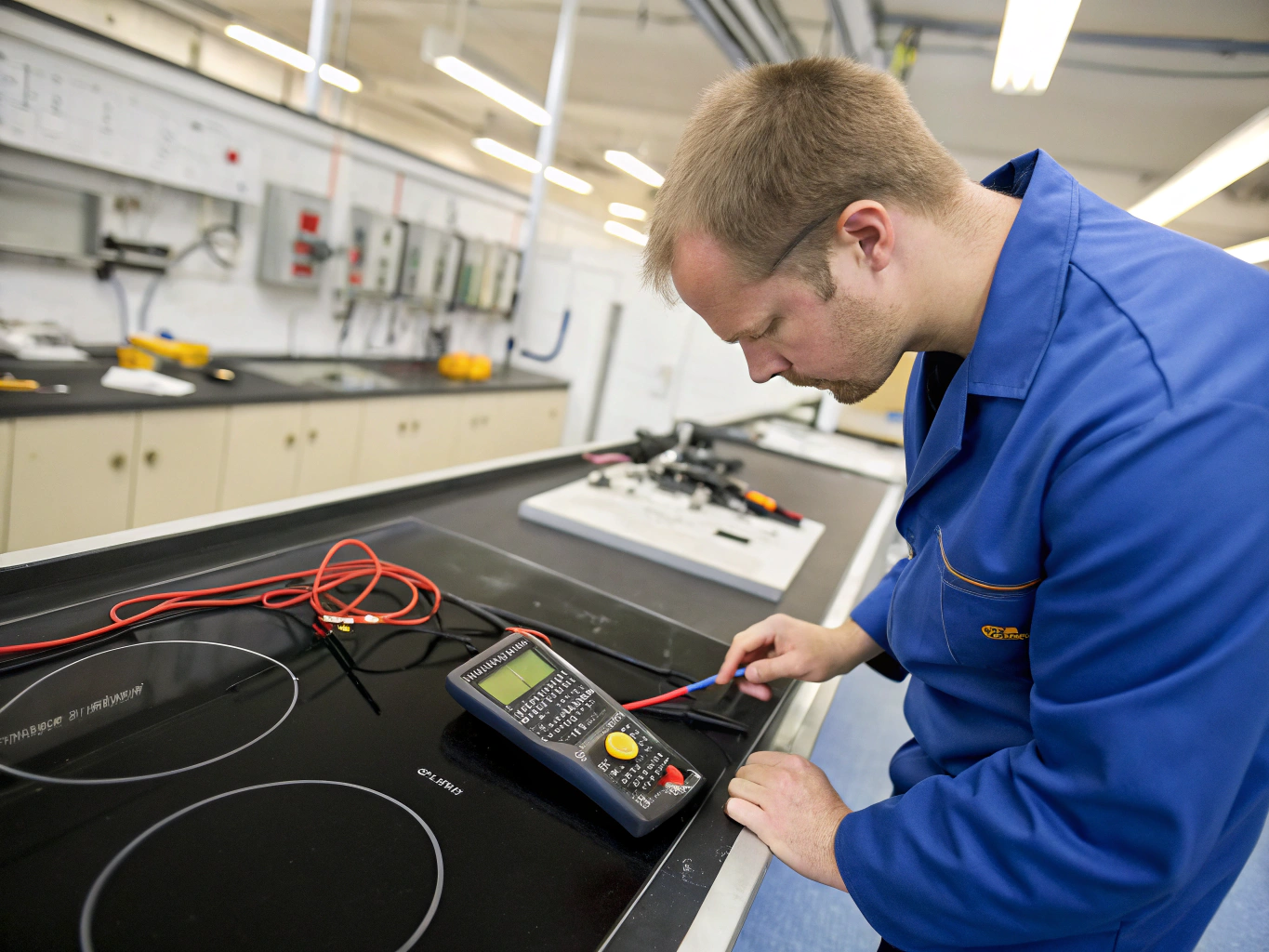 Technician using digital multimeter to test electric stove burner wiring and control board