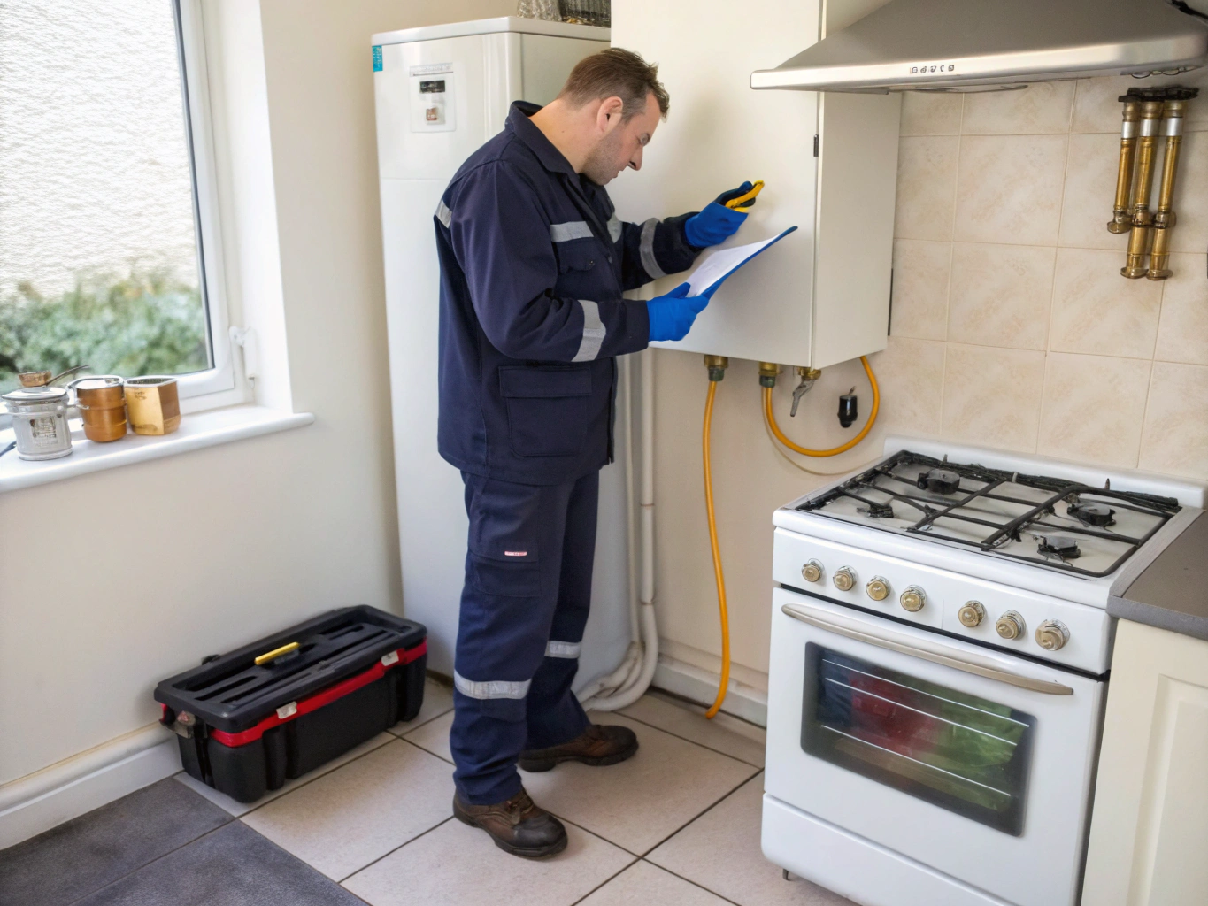 Technician testing gas stove burner ignition components