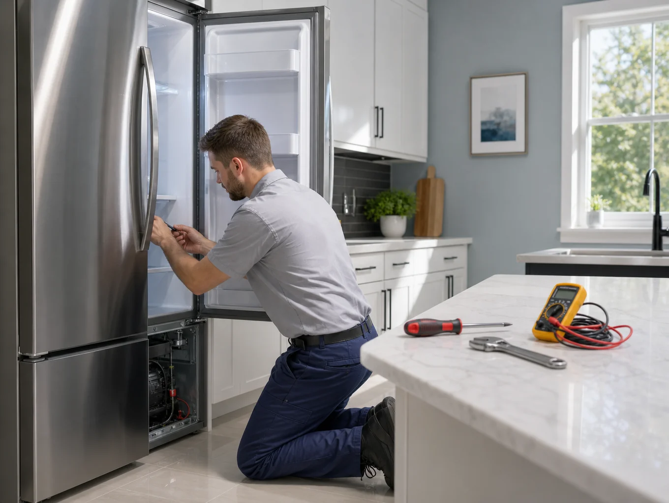 Certified appliance technician diagnosing refrigerator internal electronics in Johns Creek GA