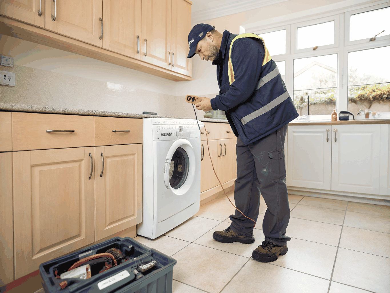 Professional appliance technician inspecting microwave electronics in Johns Creek