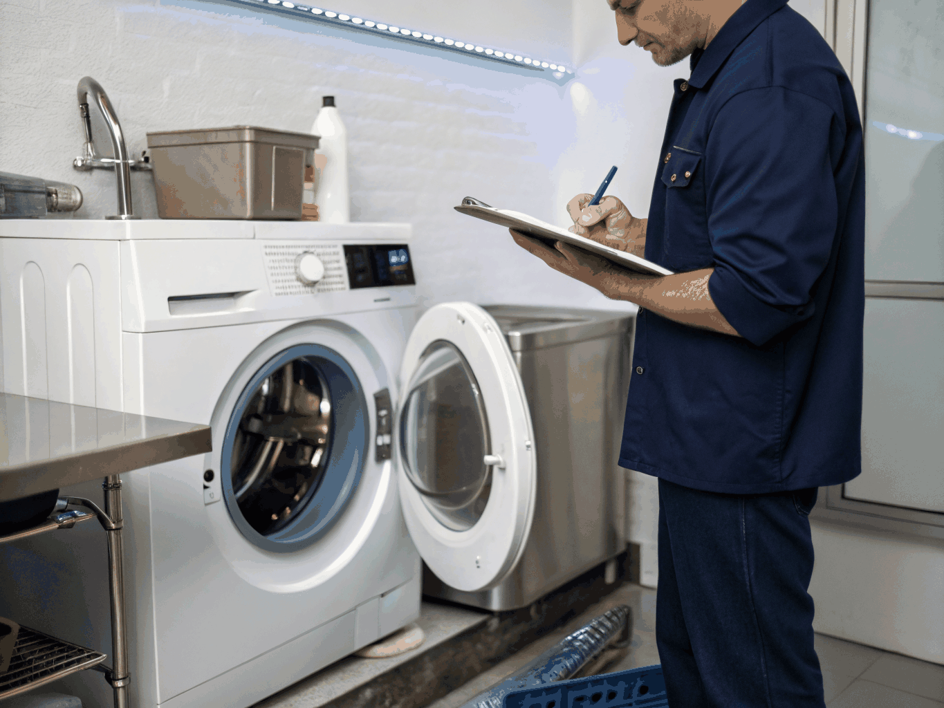 Appliance repair technician servicing a modern front-load washing machine drum in Johns Creek GA