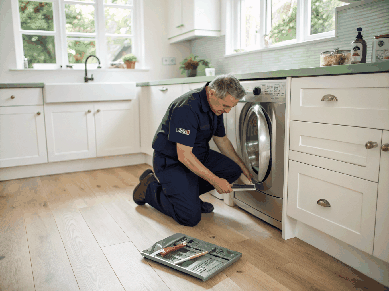 Technician running diagnostics on Whirlpool appliance in Johns Creek